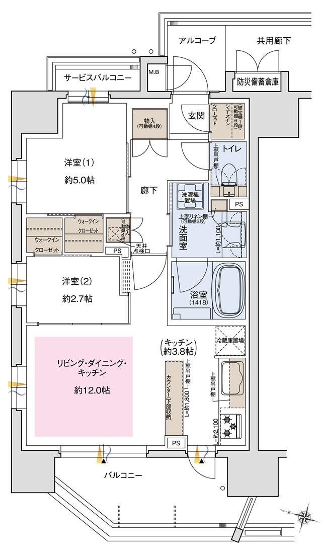 ブランニード塚本駅前の間取り図　E：2LDK