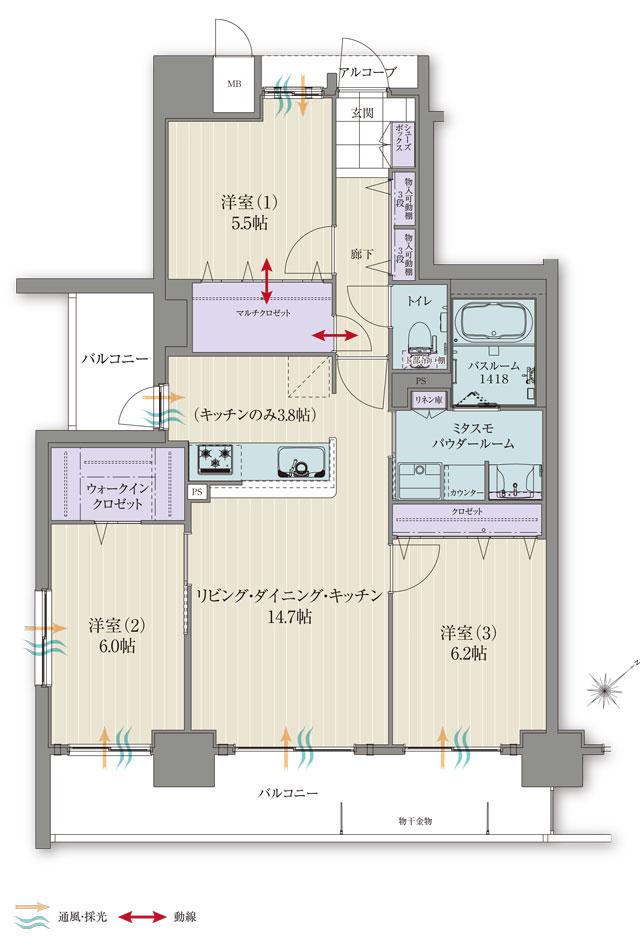 アルファスマート草津新浜町の間取り図　A：3LDK+ミタスモパウダールーム+マルチクロゼット+ウォークインクロゼット