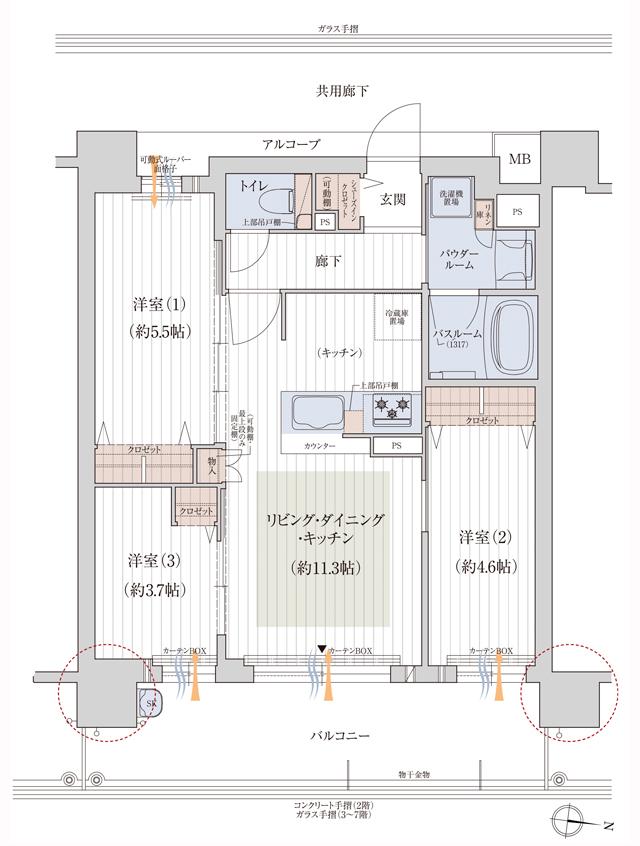 プレサンス ロジェ 長居公園リーフォリアの間取り図　D：3LDK+SIC