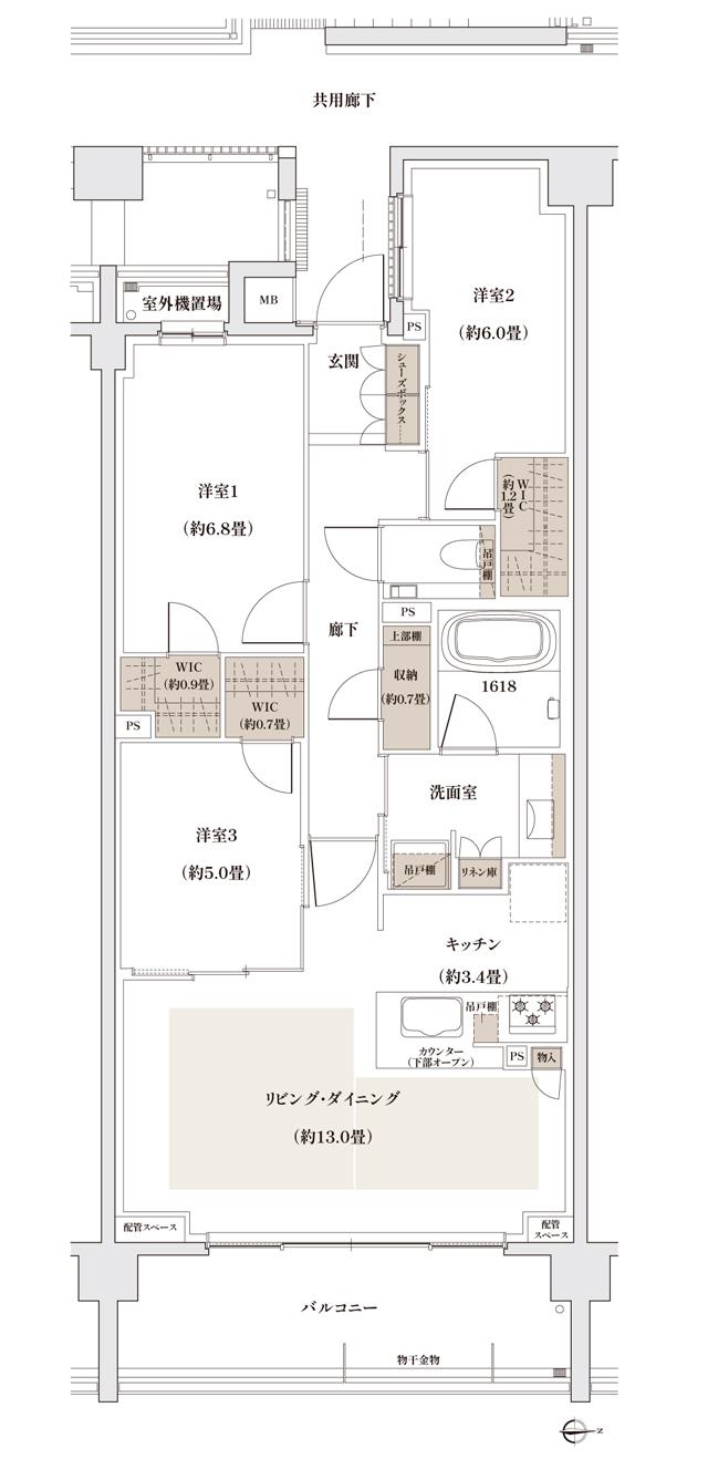 ザ・パークハウス 京都聖護院の間取り図　O：3LDK+3WIC