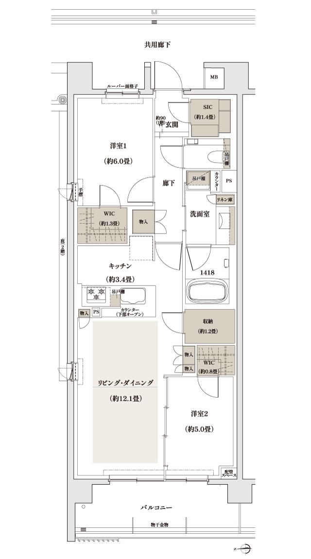 ザ・パークハウス 京都聖護院の間取り図　G：2LDK+ST+2WIC+SIC