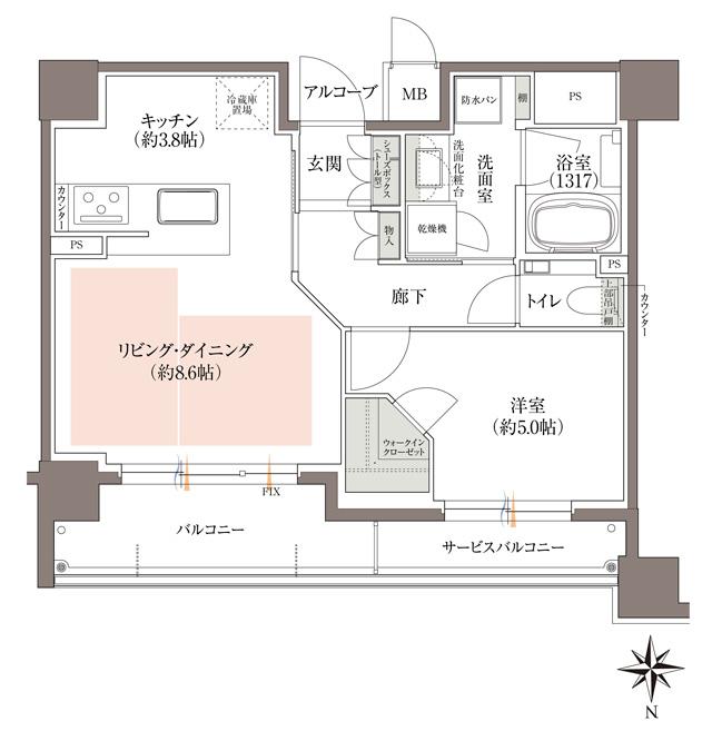 パラドール京都二条城の間取り図　E：1LDK+WIC