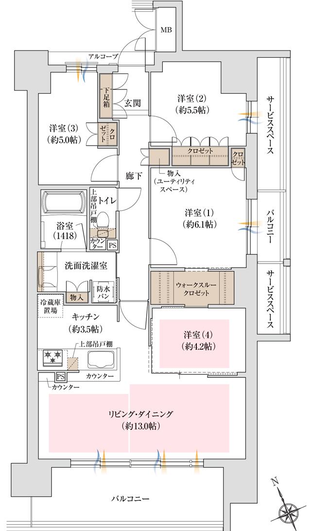 ジオ島本の間取り図　A(ノース棟)：4LDK