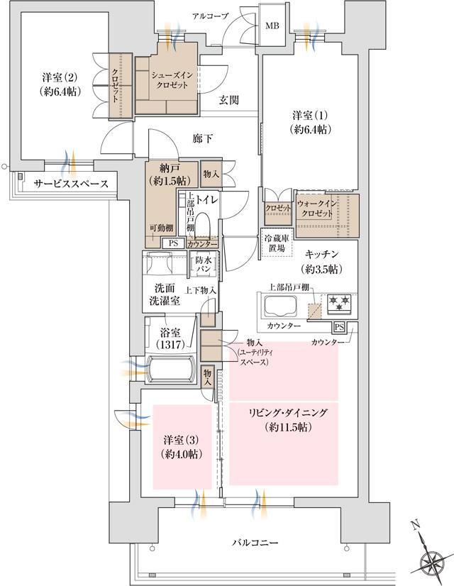 ジオ島本の間取り図　Kメニュー2(ノース棟)：3LDK＋N