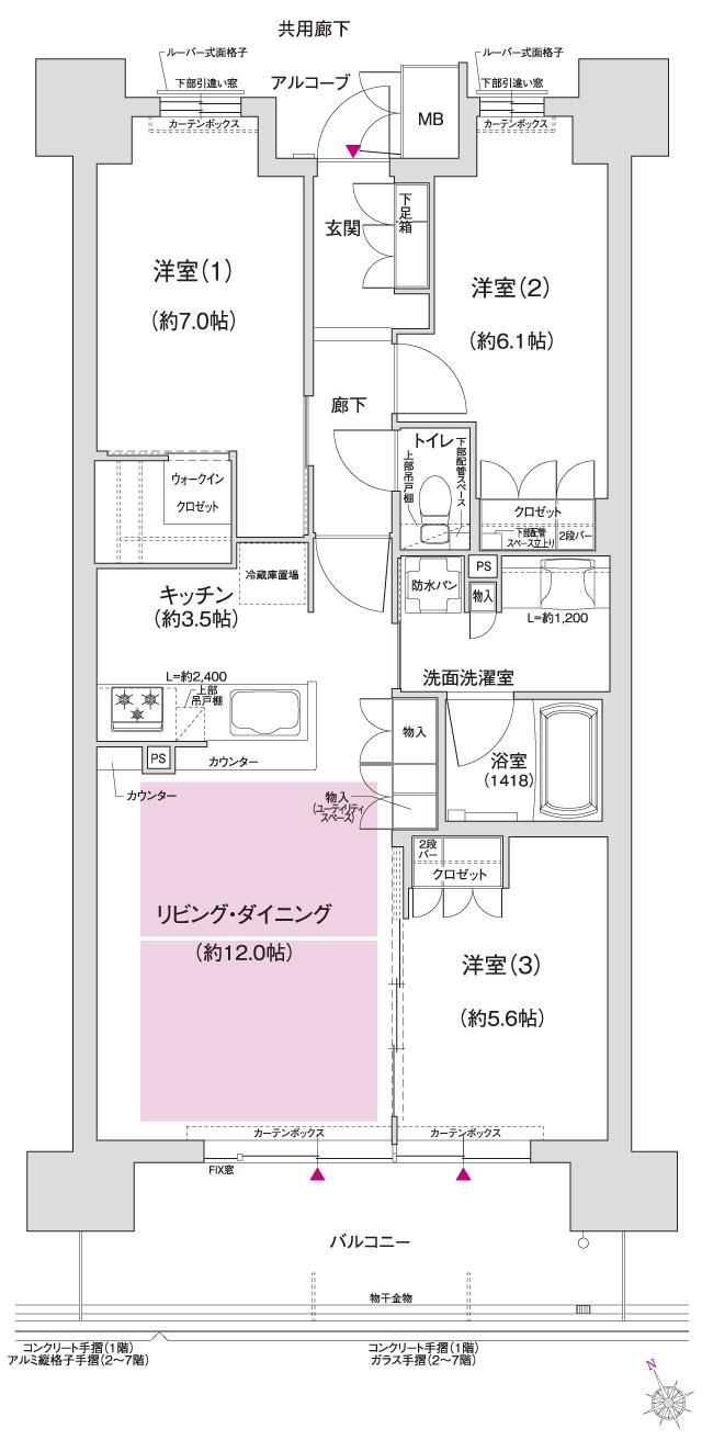 ジオ島本の間取り図　B3(サウス棟)：3LDK