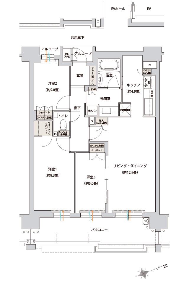 ローレルコート桃山台ザ・レジデンスの間取り図　B：3LDK+WIC