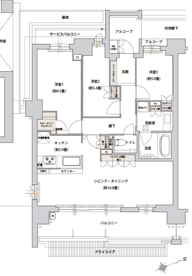 ローレルコート桃山台ザ・レジデンスの間取り図　A1メニュー1：3LDK+WIC