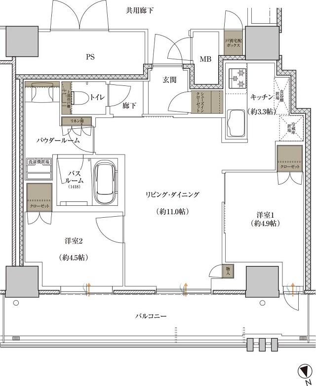 プレミストタワー千里丘の間取り図　S-F：2LDK+SIC