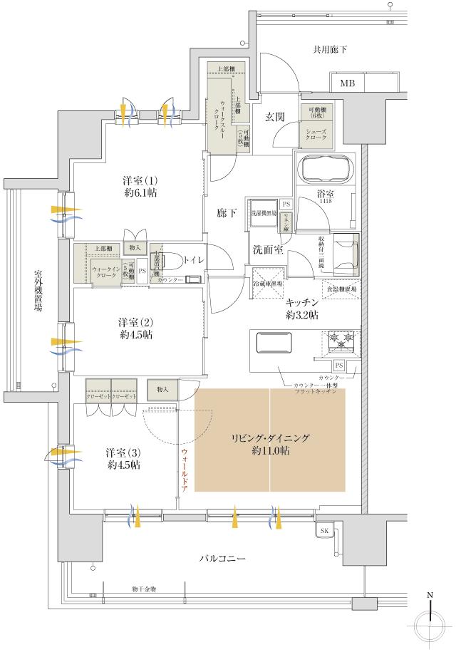 サンクレイドル天王寺の間取り図　A：3LDK+WTC+WIC+SC