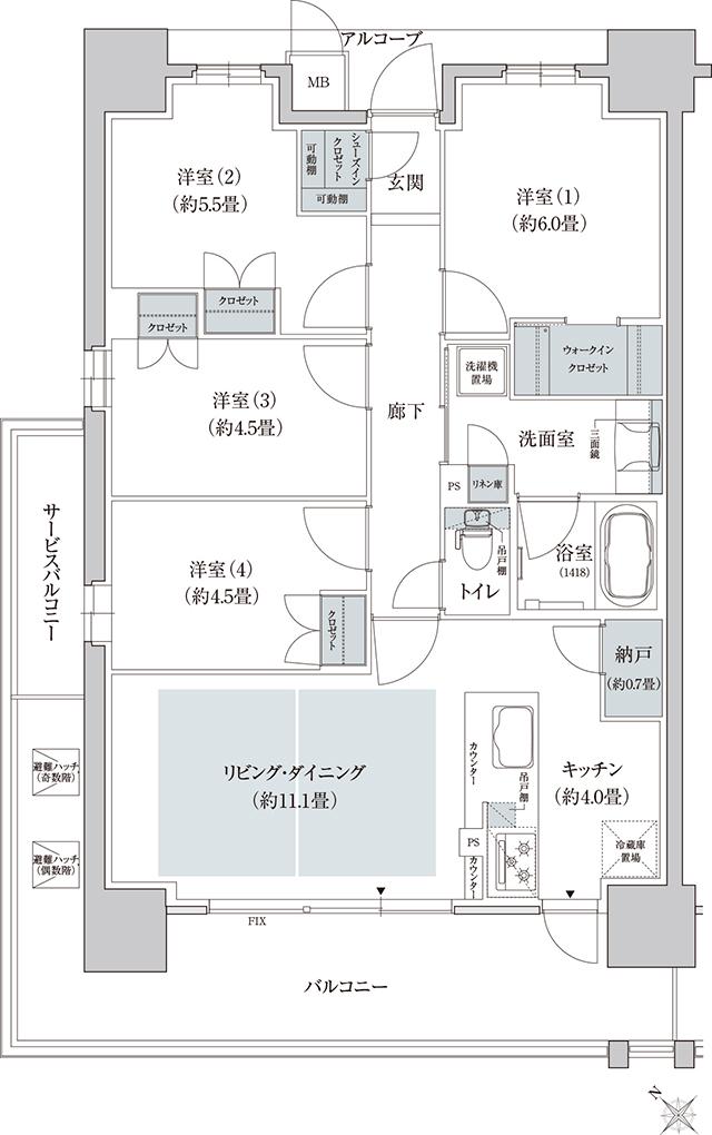 (仮称)神戸名谷・駅前複合開発PJの間取り図　J：4LDK+WIC+SIC+N