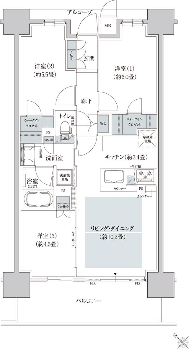 リビオシティ神戸名谷の間取り図　L3：3LDK+3WIC+N