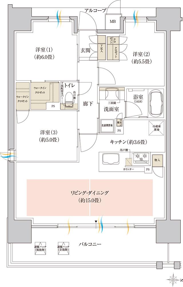 (仮称)神戸名谷・駅前複合開発PJの間取り図　I：3LDK+2WIC