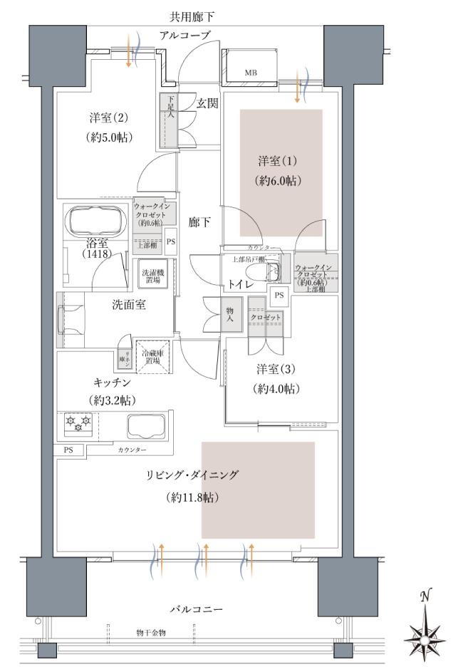 ウエリスタワー和歌山城北の間取り図　B：3LDK+2WIC