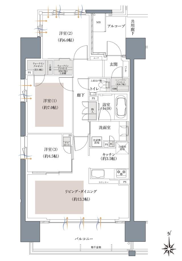 ウエリスタワー和歌山城北の間取り図　A：3LDK+2WIC+SIC