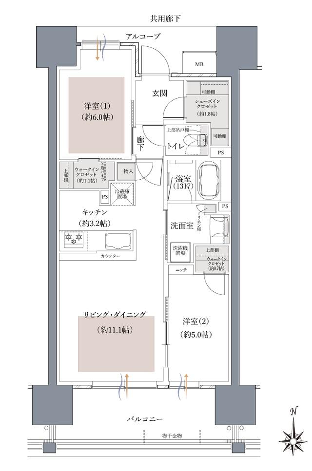 ウエリスタワー和歌山城北の間取り図　C：2LDK+2WIC+SIC