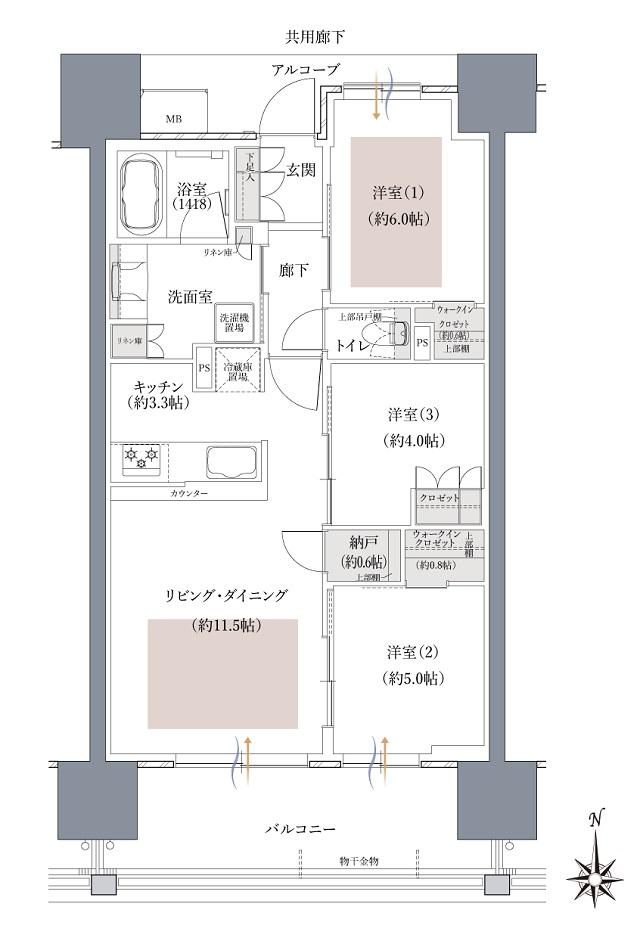 ウエリスタワー和歌山城北の間取り図　D：3LDK+2WIC+N