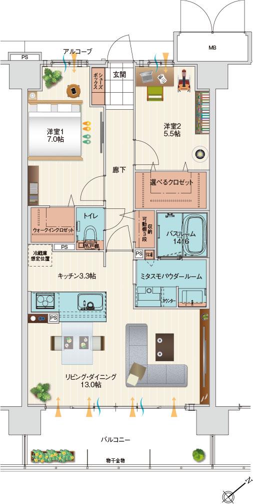 アルファステイツ伊川谷駅前の間取り図　C：2LDK+選べるクロゼット+ウォークインクロゼット+ミタスモパウダールーム