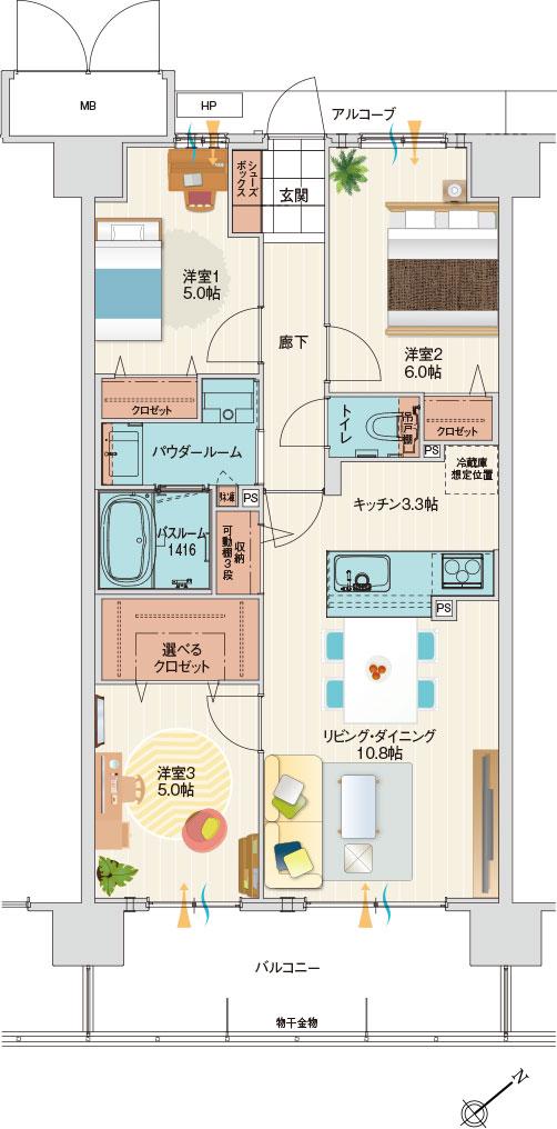 アルファステイツ伊川谷駅前の間取り図　D：3LDK+選べるクロゼット
