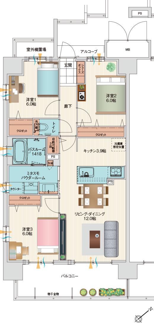 アルファステイツ伊川谷駅前の間取り図　A：3LDK+ミタスモパウダールーム