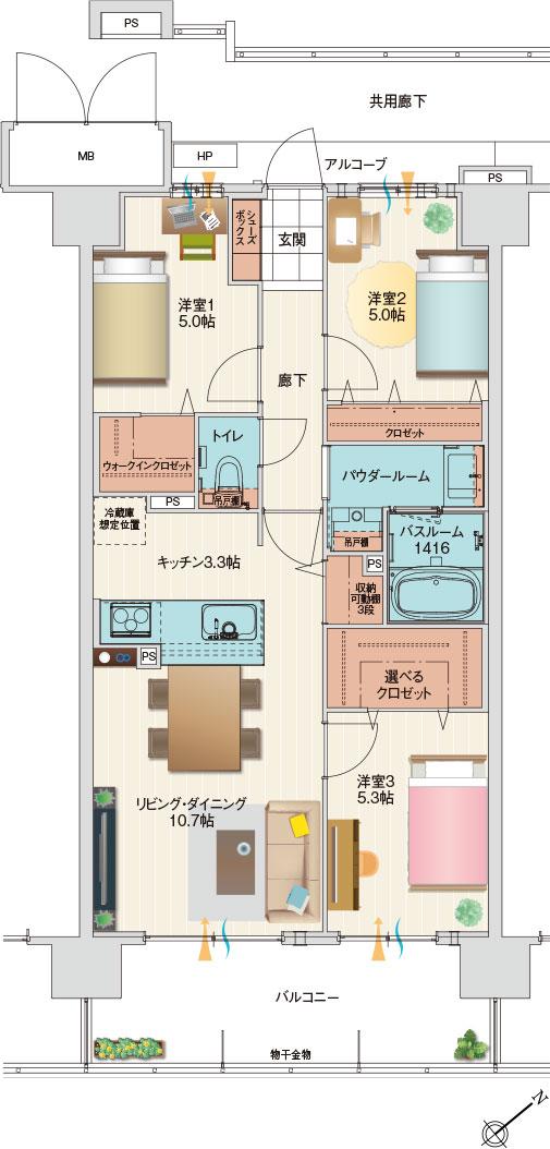 アルファステイツ伊川谷駅前の間取り図　B：3LDK+選べるクロゼット+ウォークインクロゼット