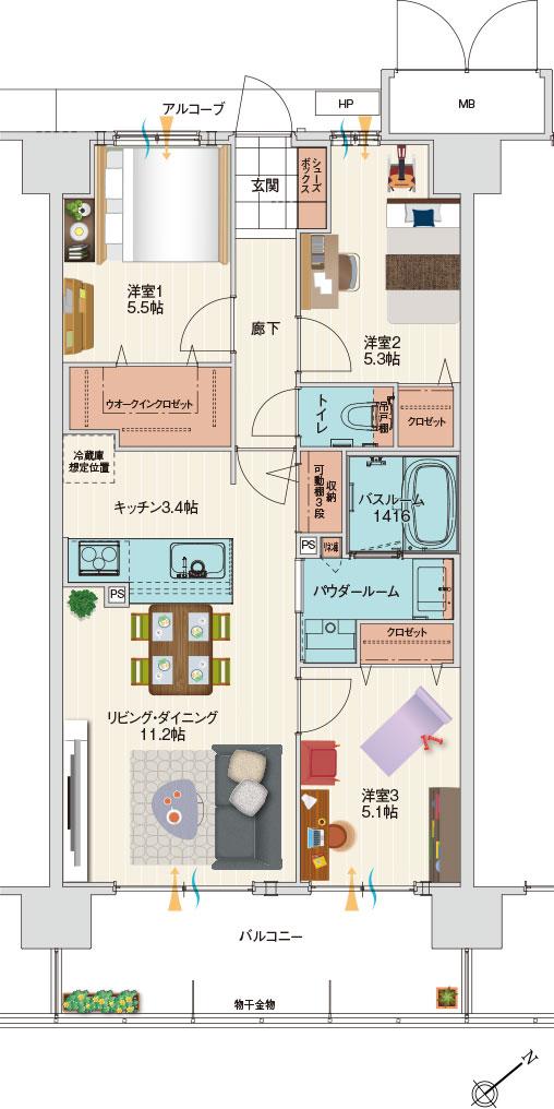アルファステイツ伊川谷駅前の間取り図　E：3LDK+ウォークインクロゼット