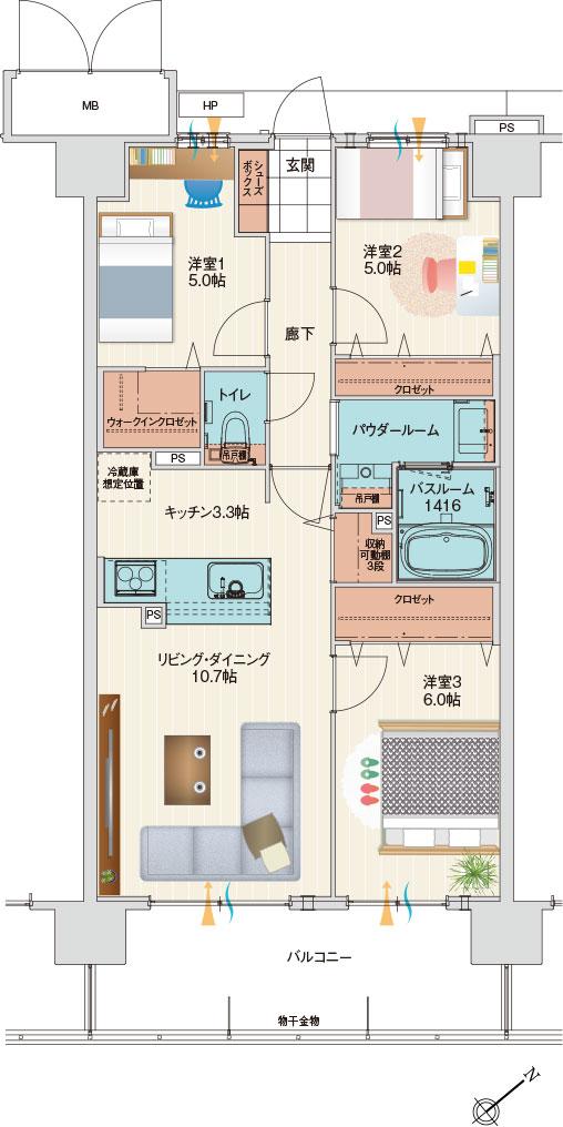 アルファステイツ伊川谷駅前の間取り図　F：3LDK+ウォークインクロゼット