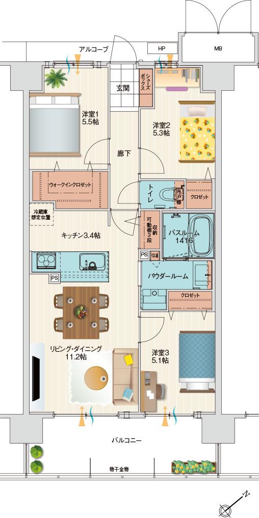 アルファステイツ伊川谷駅前の間取り図　G：3LDK+ウォークインクロゼット