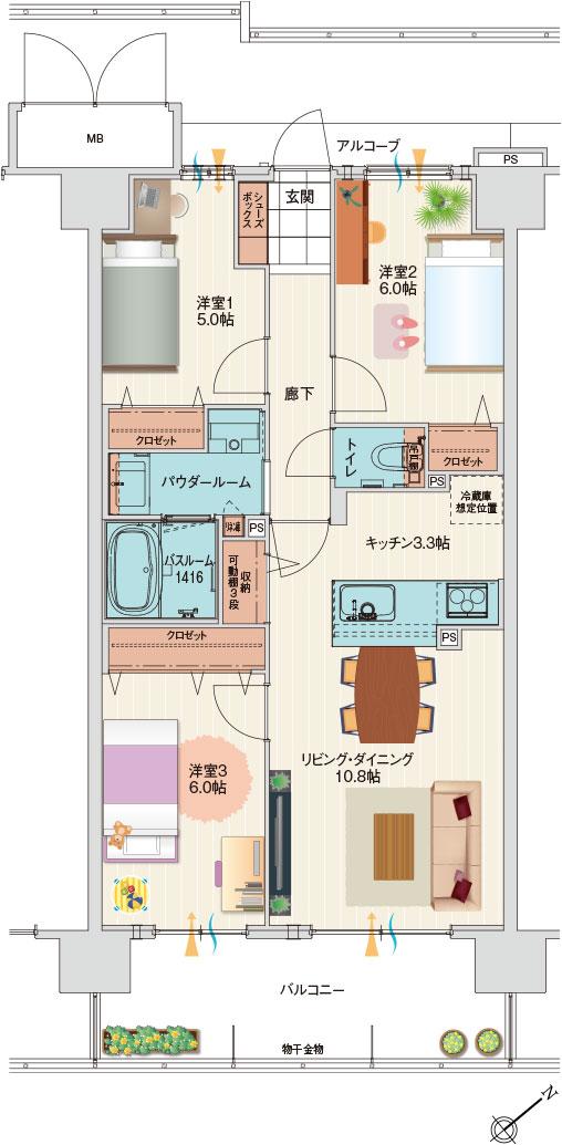 アルファステイツ伊川谷駅前の間取り図　H：3LDK