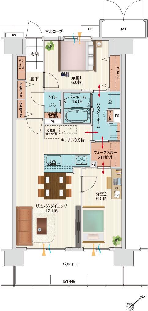 アルファステイツ伊川谷駅前の間取り図　I：2LDK+ウォークスルークロゼット