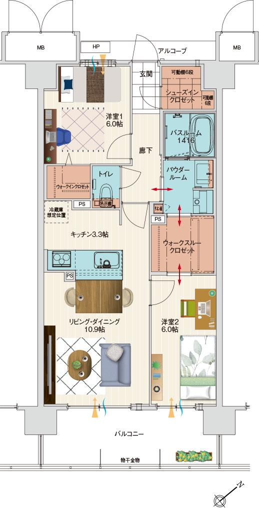 アルファステイツ伊川谷駅前の間取り図　J：2LDK+ウォークインクロゼット+ウォークスルークロゼット