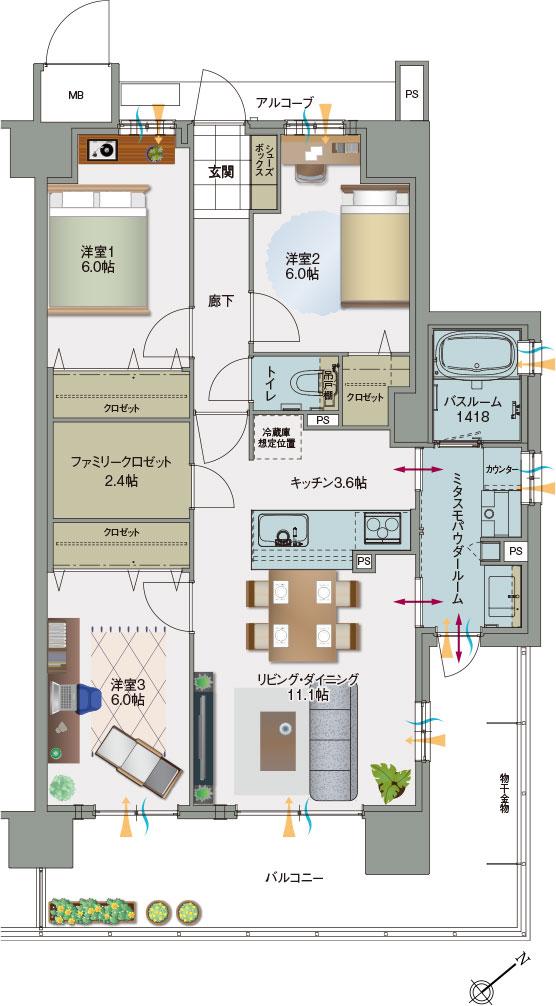 アルファステイツ伊川谷駅前の間取り図　K：3LDK+ファミリークロゼット+ミタスモパウダールーム
