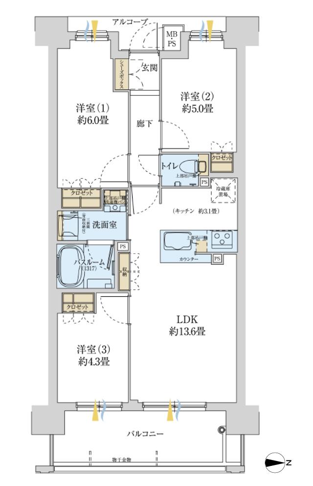 ワコーレ住吉サニースクエアの間取り図　D：3LDK