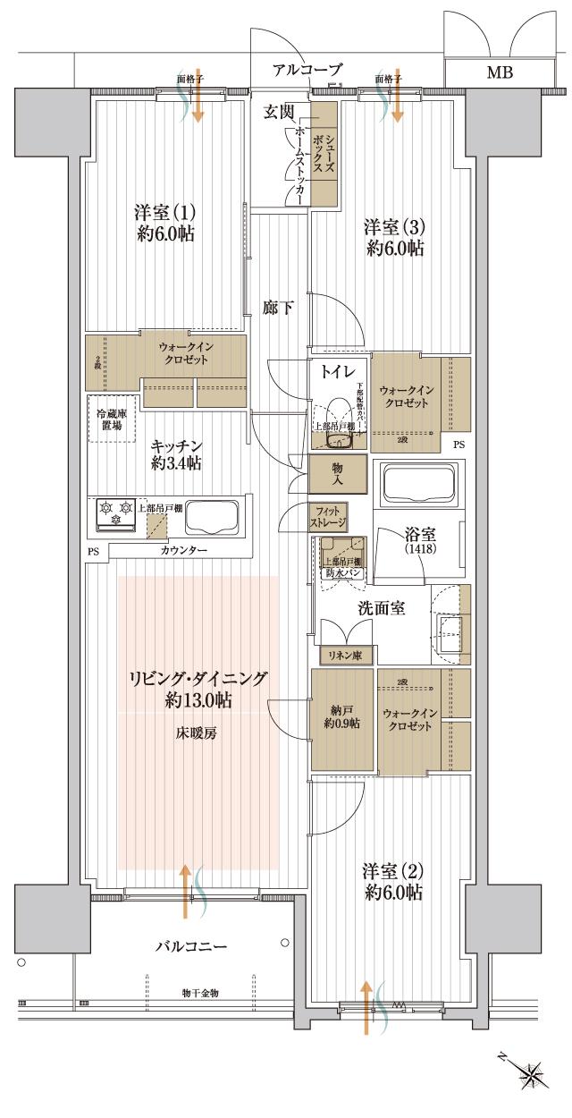 メイツ和泉中央ザ・マークスの間取り図　H：3LDK+N+3WIC