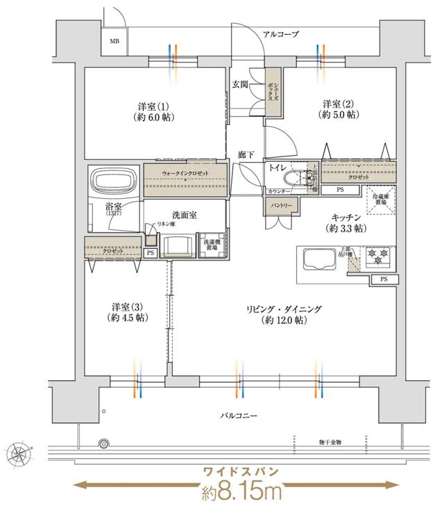 グランアッシュ住吉万代東REVEの間取り図　C2：3LDK+WIC