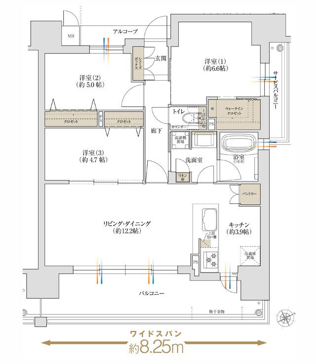 グランアッシュ住吉万代東REVEの間取り図　D2：3LDK+WIC