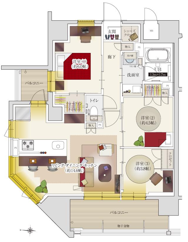 ソルティア東梅田の間取り図　A：3LDK+シューズクローク＋ウォークインクロゼット