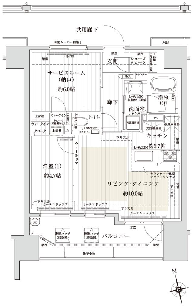 サンクレイドル 夕陽丘 ザ・レジデンスの間取り図　B：1LDK+S(納戸)+2WIC+SC