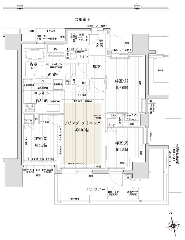 サンクレイドル 夕陽丘 ザ・レジデンスの間取り図　C：3LDK+WIC+SC