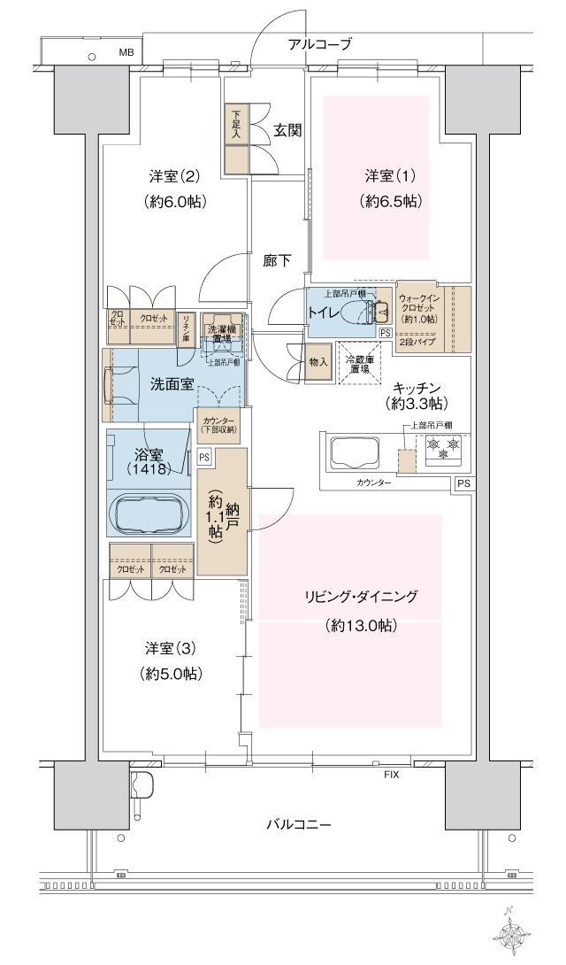 ウエリス島本の間取り図　SF：3LDK+WIC+N