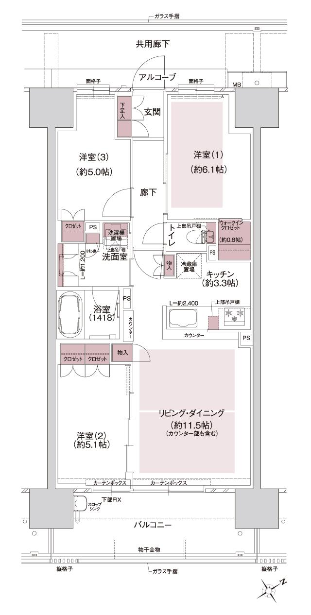 ウエリス島本の間取り図　MF：3LDK+WIC