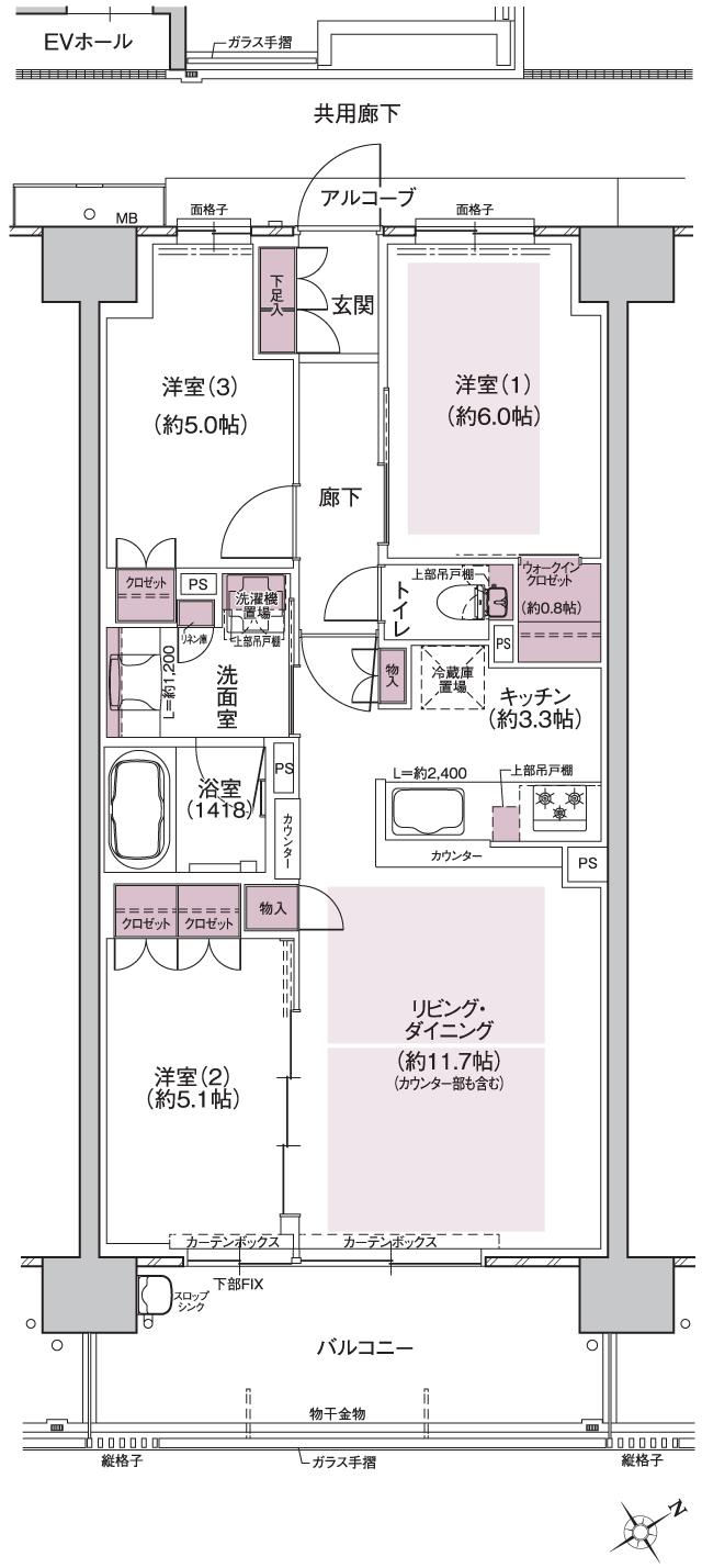 ウエリス島本の間取り図　EB：3LDK+WIC