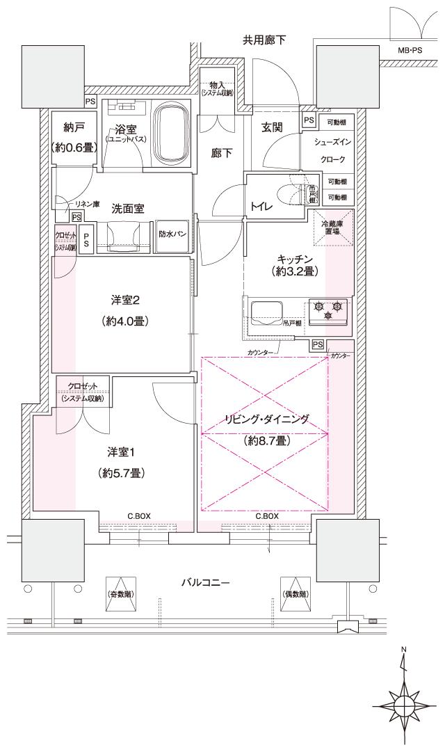 ローレルタワー堺筋本町の間取り図　CF：2LDK+N