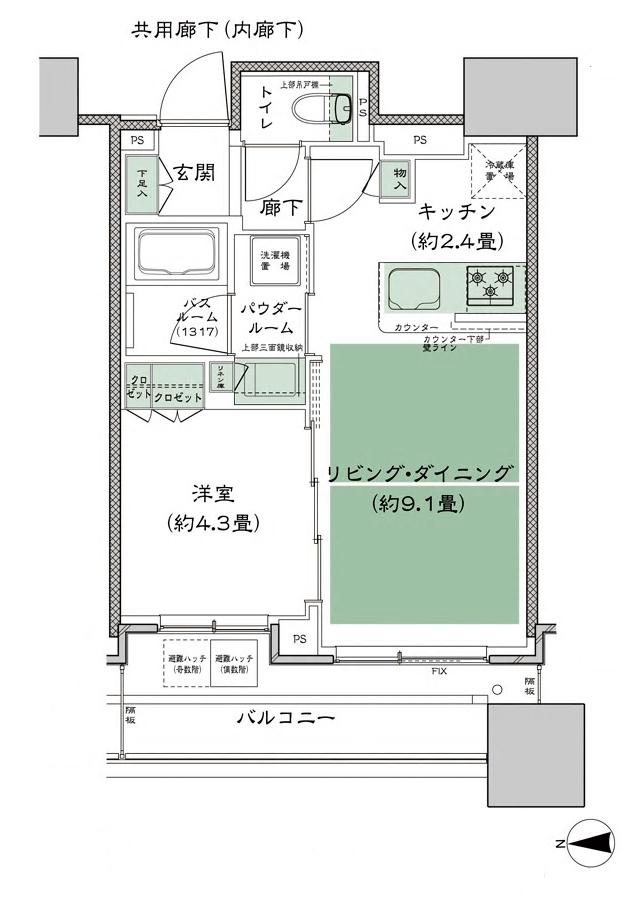 シティタワー大阪本町の間取り図　W-35B：1LDK
