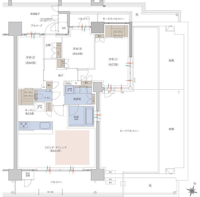 レジデンシャル枚方の間取り図　Gr：3LDK+2WIC+ルーフバルコニー