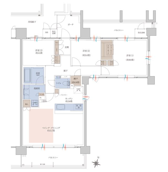 レジデンシャル枚方の間取り図　H：3LDK+N+WIC
