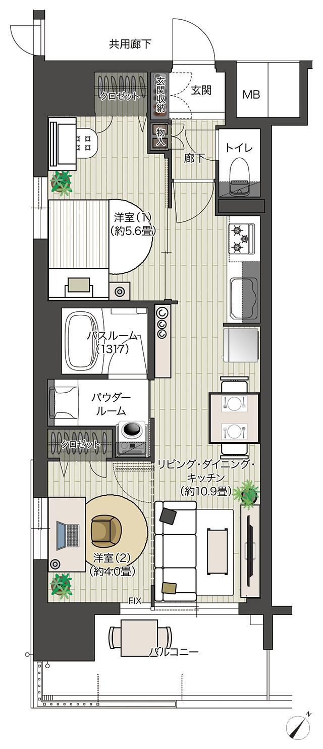 プレサンス ロジェ 大津京 レイクヴィラの間取り図　B：2LDK