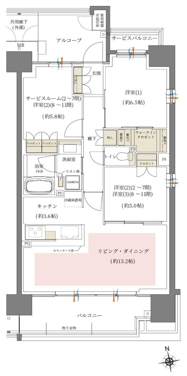 シーンズ関目高殿スクエアガーデンの間取り図　F：3LDK