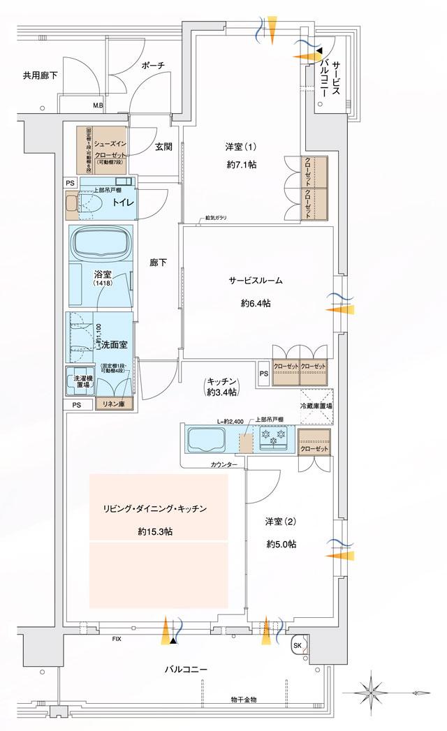 ブランニード尼崎立花レジデンスの間取り図　L：2LDK+S