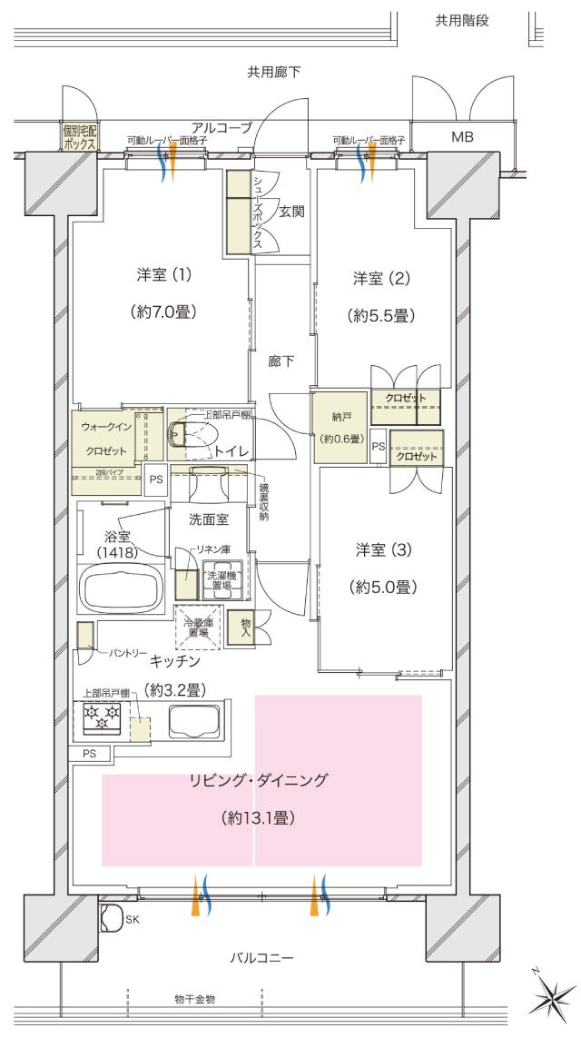 ブランズシティ東岸和田の間取り図　B：3LDK+WIC+N