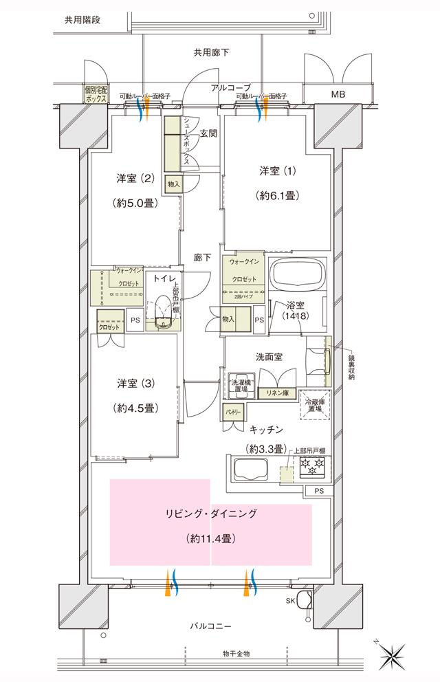 ブランズシティ東岸和田の間取り図　G：3LDK+2WIC